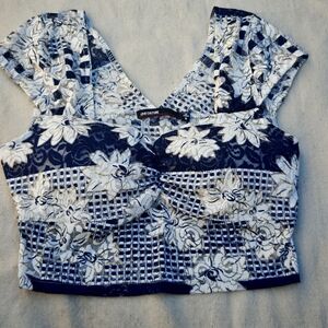 Love Culture Blue White Gold Floral Lace Patchwork Crop Top Size Small Y2K Boho
